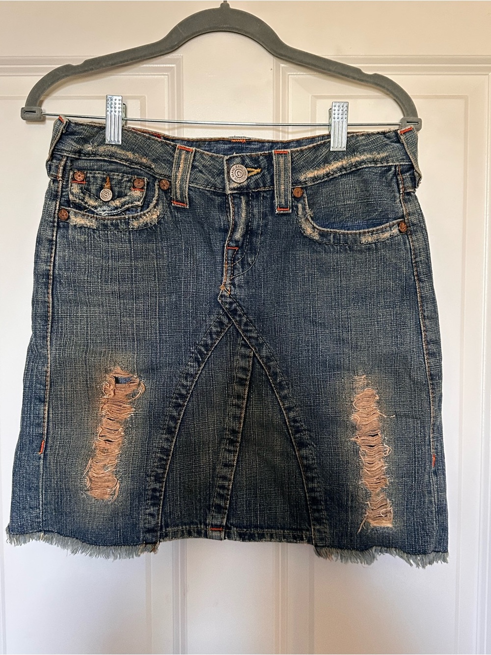 Vintage True Religion Denim Skirt Red Label Distressed Detailing